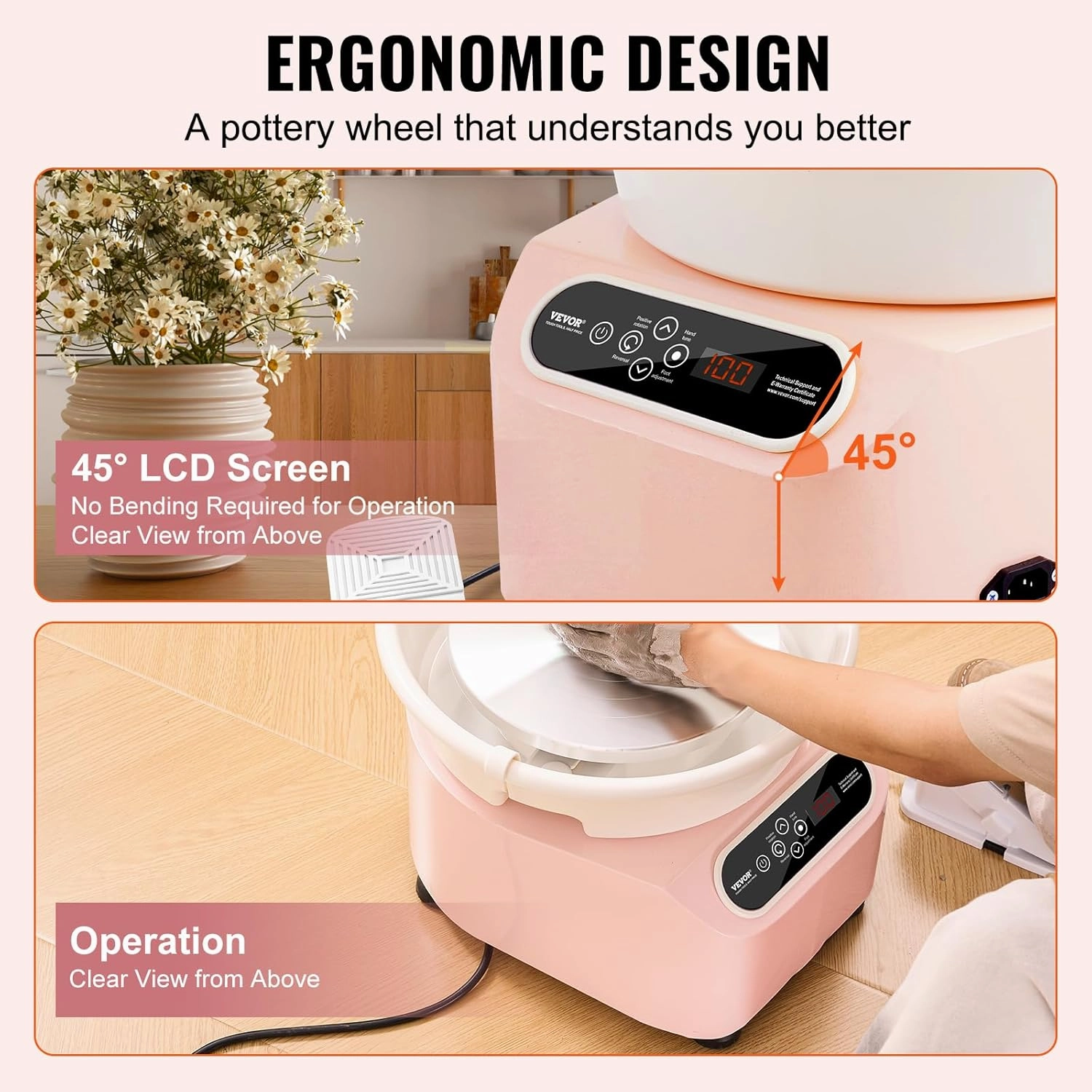 VEVOR 11inch Pottery Wheel Direct Drive, 350W Ceramic Forming Machine with LCD Touch Screen Foot Pedal 50-300RPM Adjustable Speed, 18PCS Accessory Tools Kit, Craft Gift For Kids Adults Beginners, Pink