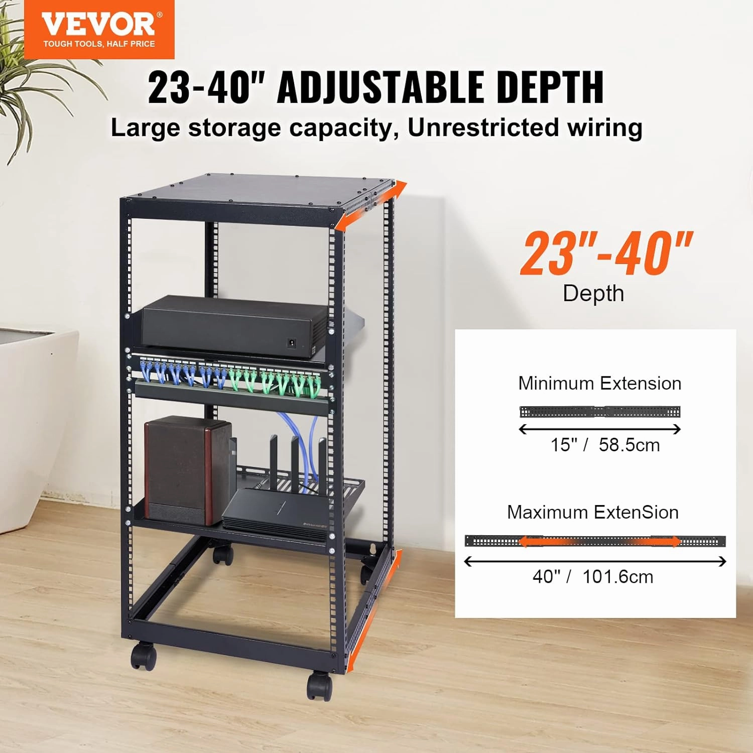 VEVOR 20U Open Frame Server Rack, 23''-40'' Adjustable Depth, Free Standing or Wall Mount Network Server Rack, 4 Post AV Rack with Casters, Holds All Your Networking IT Equipment AV Gear Router Modem