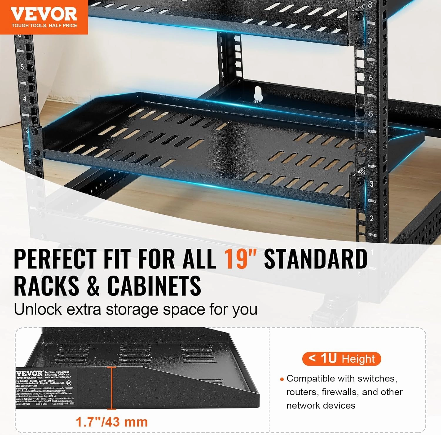 VEVOR 2PCS 1U Server Rack Shelf, Universal Vented Rack Mount Cantilever Tray for 19 inch Network Equipment Rack & Cabinet, 10" Deep Rack Mount Shelf, Weight Capacity 50 lbs Wall Mount Rack Shelf