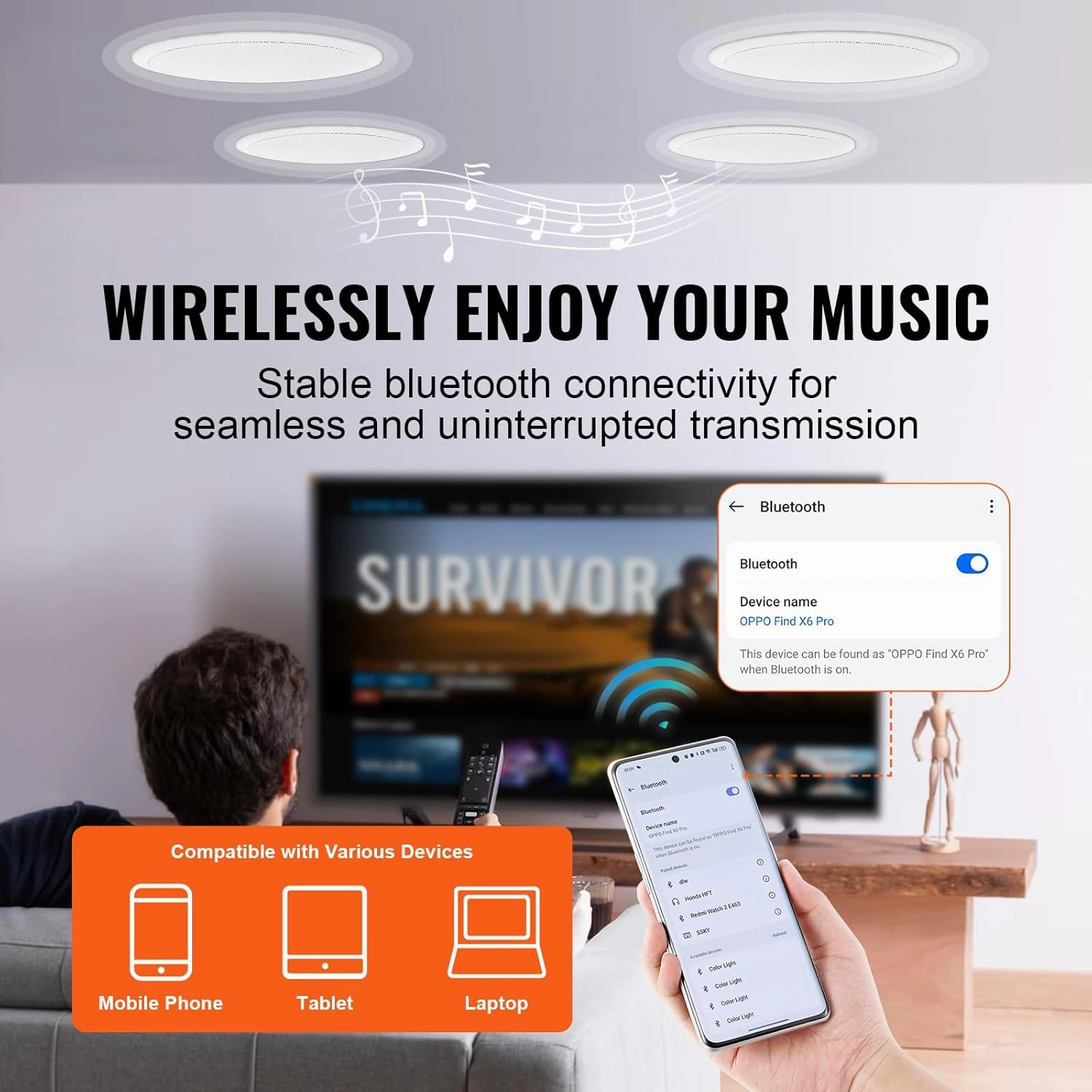 VEVOR 4 PCs 6.5'' Bluetooth Ceiling Speakers, 150W Flush Mount Ceiling & in-Wall Speaker System with 8 Impedance 89dB Sensitivity, for Home Kitchen Living Room Bedroom or Covered Outdoor Porches