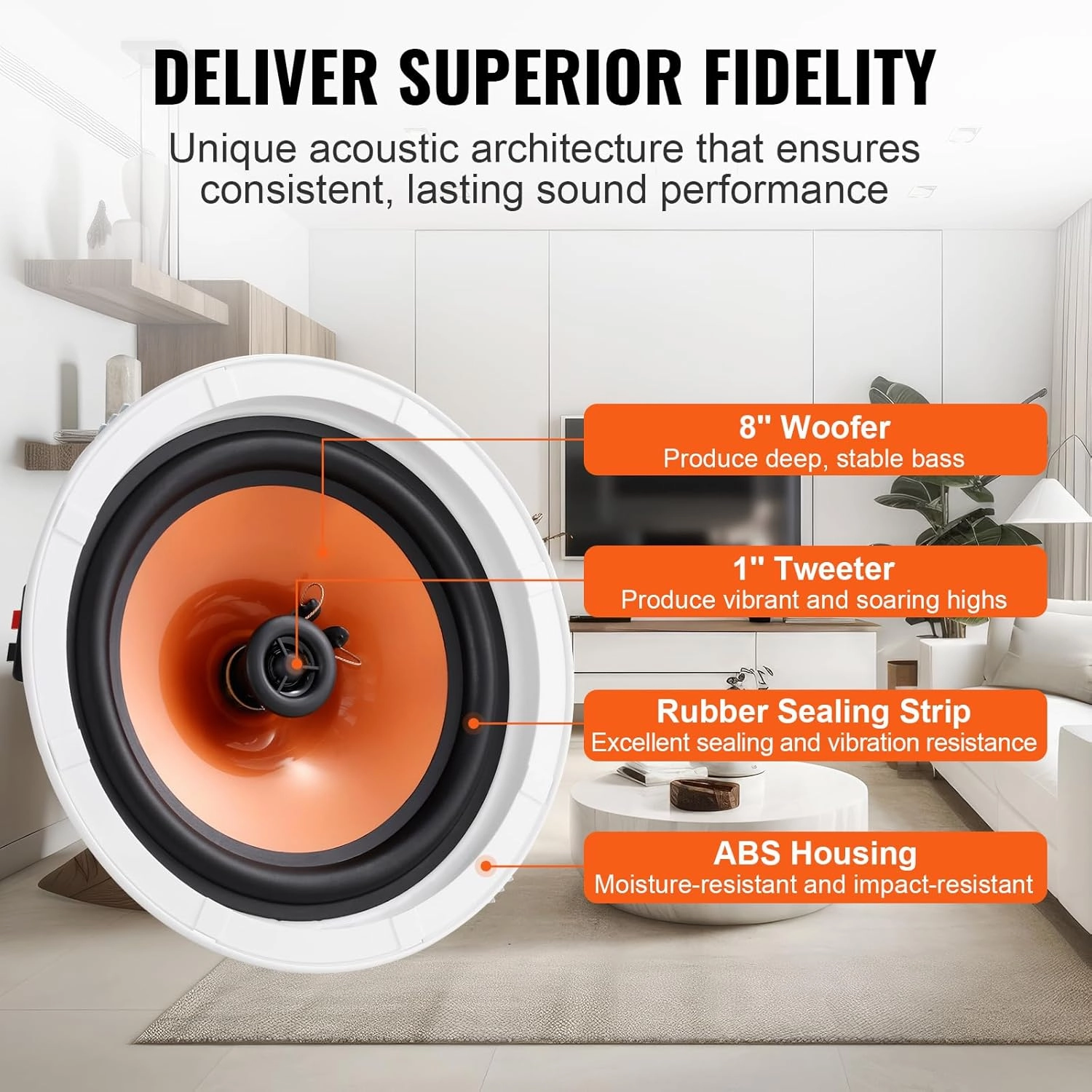 VEVOR 4 PCs 8 Inch in Ceiling Speakers, 100-Watts, Flush Mount Ceiling & in-Wall Speakers System with 8" Woofer,1" Tweeter, for Home Kitchen Living Room Bedroom or Covered Outdoor Porches