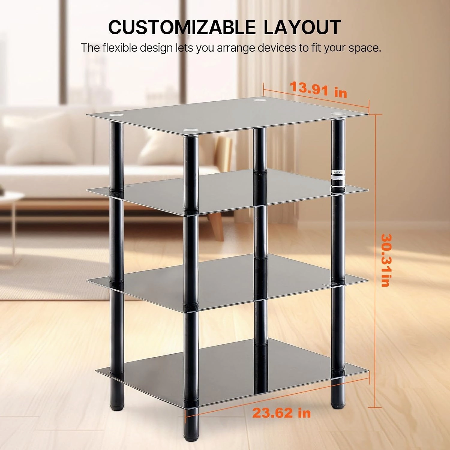 VEVOR 4-Tier AV Media Stand, Audio/Video Stand with Strengthened Tempered Glass Shevles for DVD/Cable Boxes/Games Consoles, Customizable Media Storage Cabinet for Gaming/Recording Room