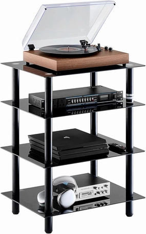 VEVOR 4-Tier AV Media Stand, Audio/Video Stand with Strengthened Tempered Glass Shevles for DVD/Cable Boxes/Games Consoles, Customizable Media Storage Cabinet for Gaming/Recording Room audio rack,hi-fi component stand,media shelf,
