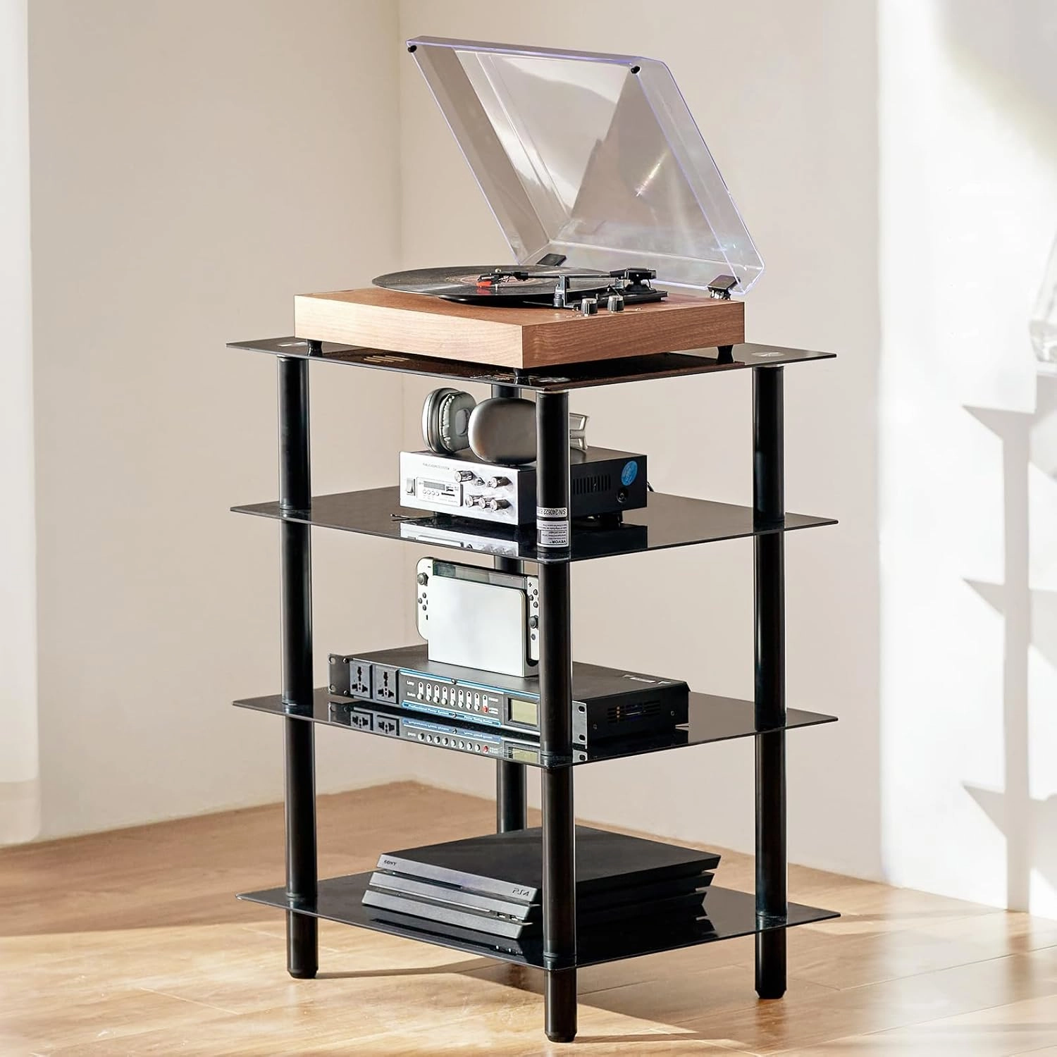 VEVOR 4-Tier AV Media Stand, Audio/Video Stand with Strengthened Tempered Glass Shevles for DVD/Cable Boxes/Games Consoles, Customizable Media Storage Cabinet for Gaming/Recording Room