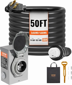 VEVOR 50 Amp Generator Cord and Power Inlet Box Kit, 50FT Generator Extension Cord NEMA 14-50P/SS2-50R STW 6/3 8/1 AWG with Twist Lock Connector, Pre-Drilled Inlet Box, ETL Listed power cord,hi-fi power cable,AC power lead,