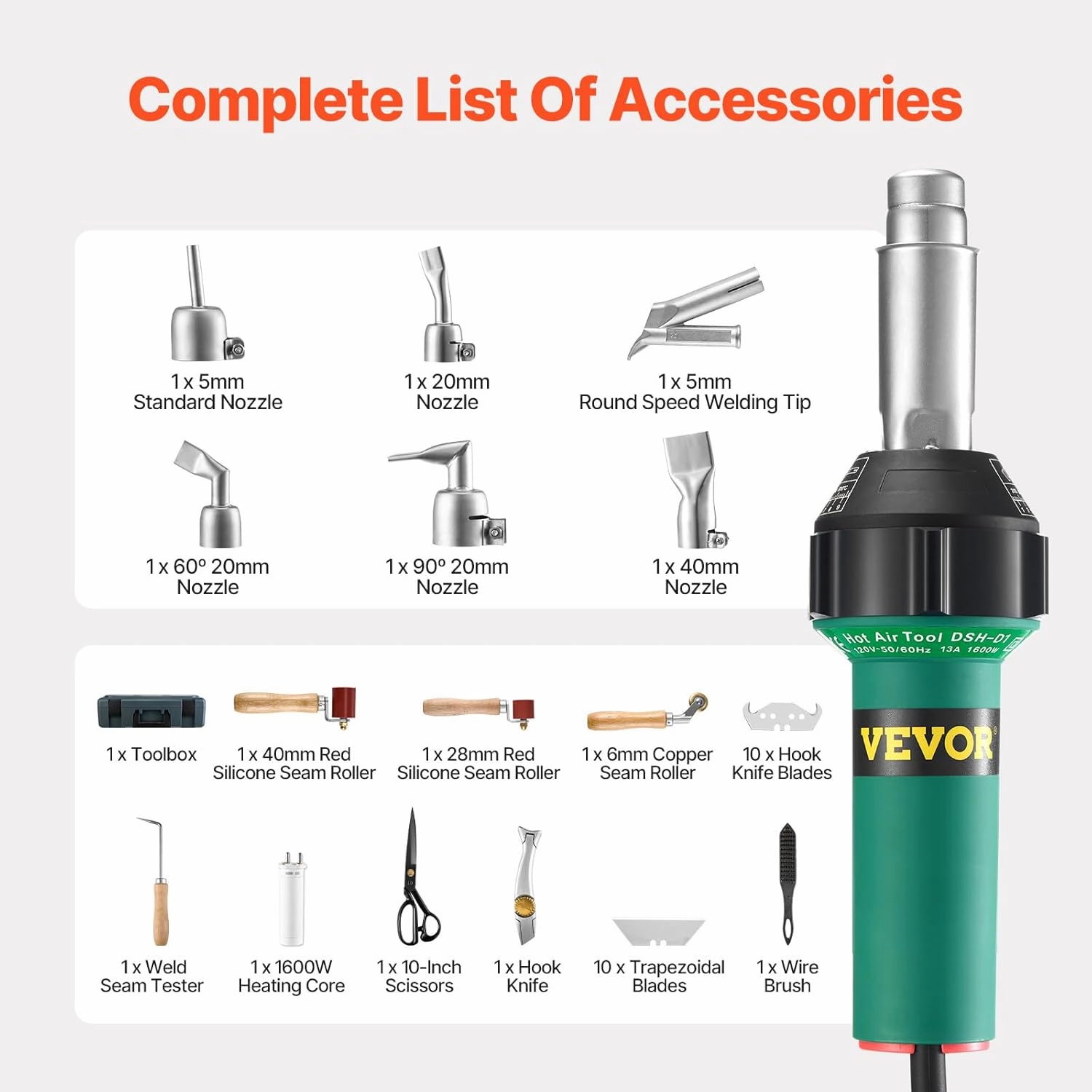 VEVOR Hot Air Plastic Welder, 1600W Hot Air Torch Pistol, 122-1112 PVC TPO Vinyl Heat Gun Welding Torch, Plastic Roofing Welding Kit with 17 Accessories- Toolbox, Nozzle, Roller, Blades for PP/PE/PVC