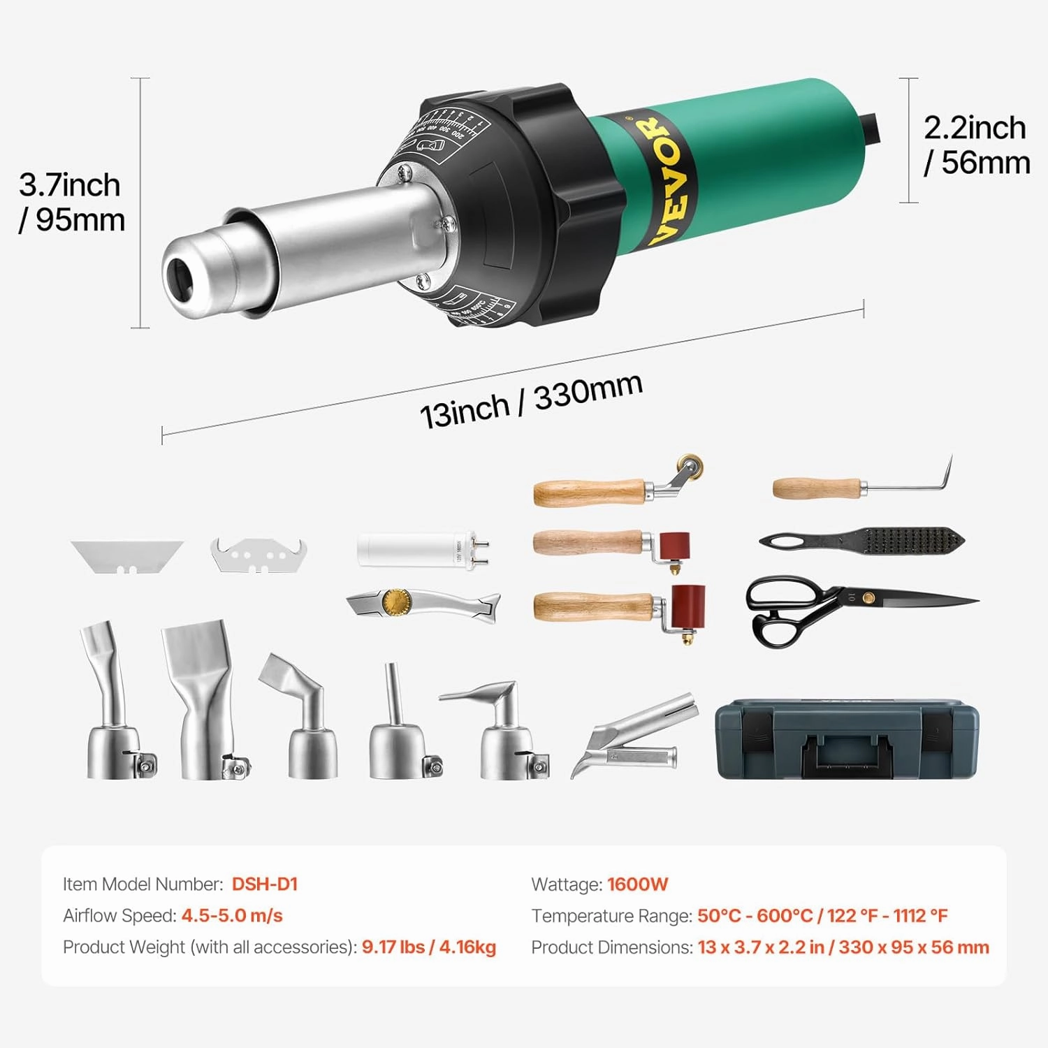VEVOR Hot Air Plastic Welder, 1600W Hot Air Torch Pistol, 122-1112 PVC TPO Vinyl Heat Gun Welding Torch, Plastic Roofing Welding Kit with 17 Accessories- Toolbox, Nozzle, Roller, Blades for PP/PE/PVC
