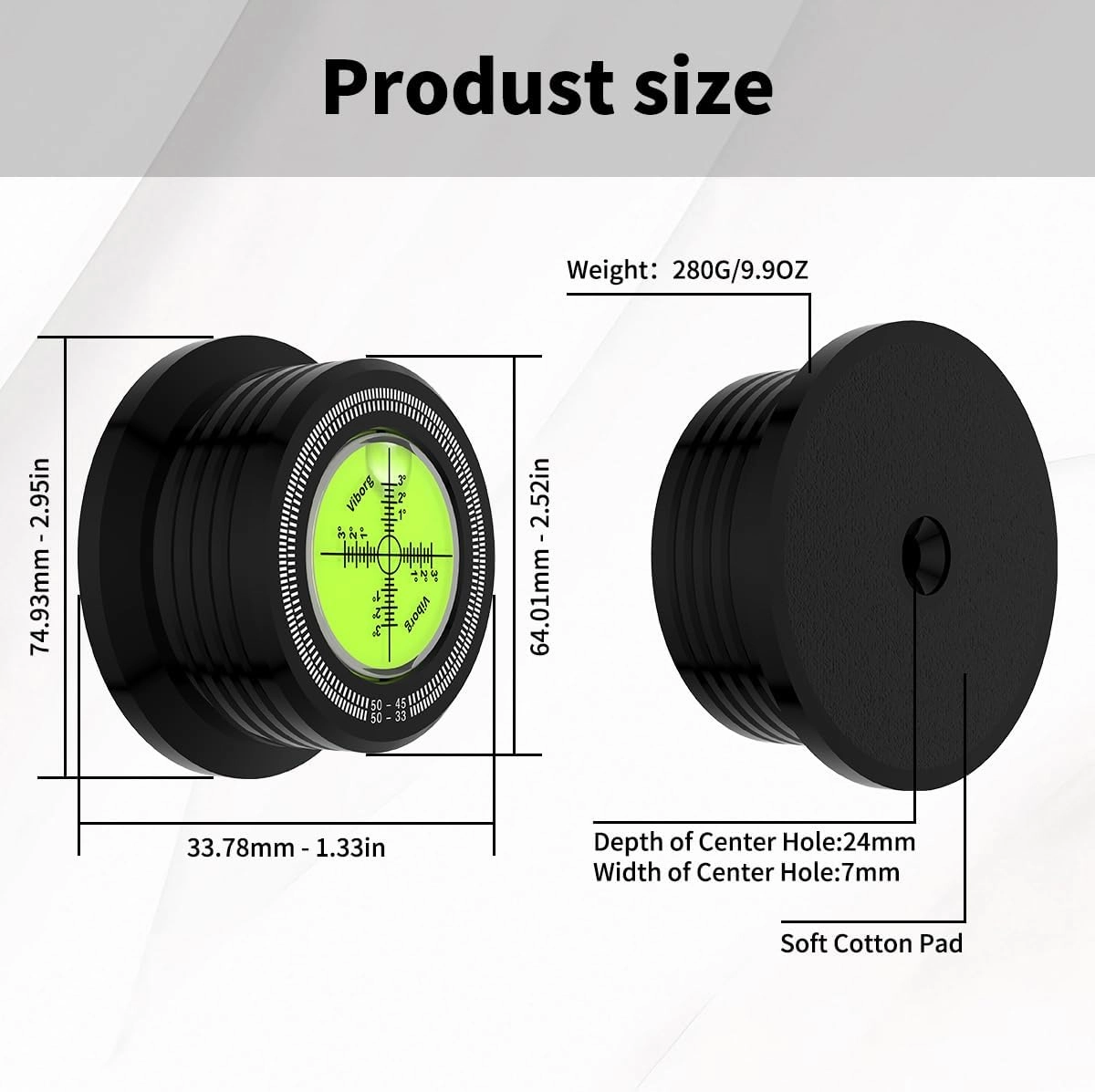 Viborg LP528B Record Weight Phono LP Disc Stabilizer, Black 50Hz Turntable Level, 280G (9.9 OZ) HiFi 3 in 1 Vinyl Clamp Strobe Speed Record Puck with Bubble Leveling (50Hz, Black)