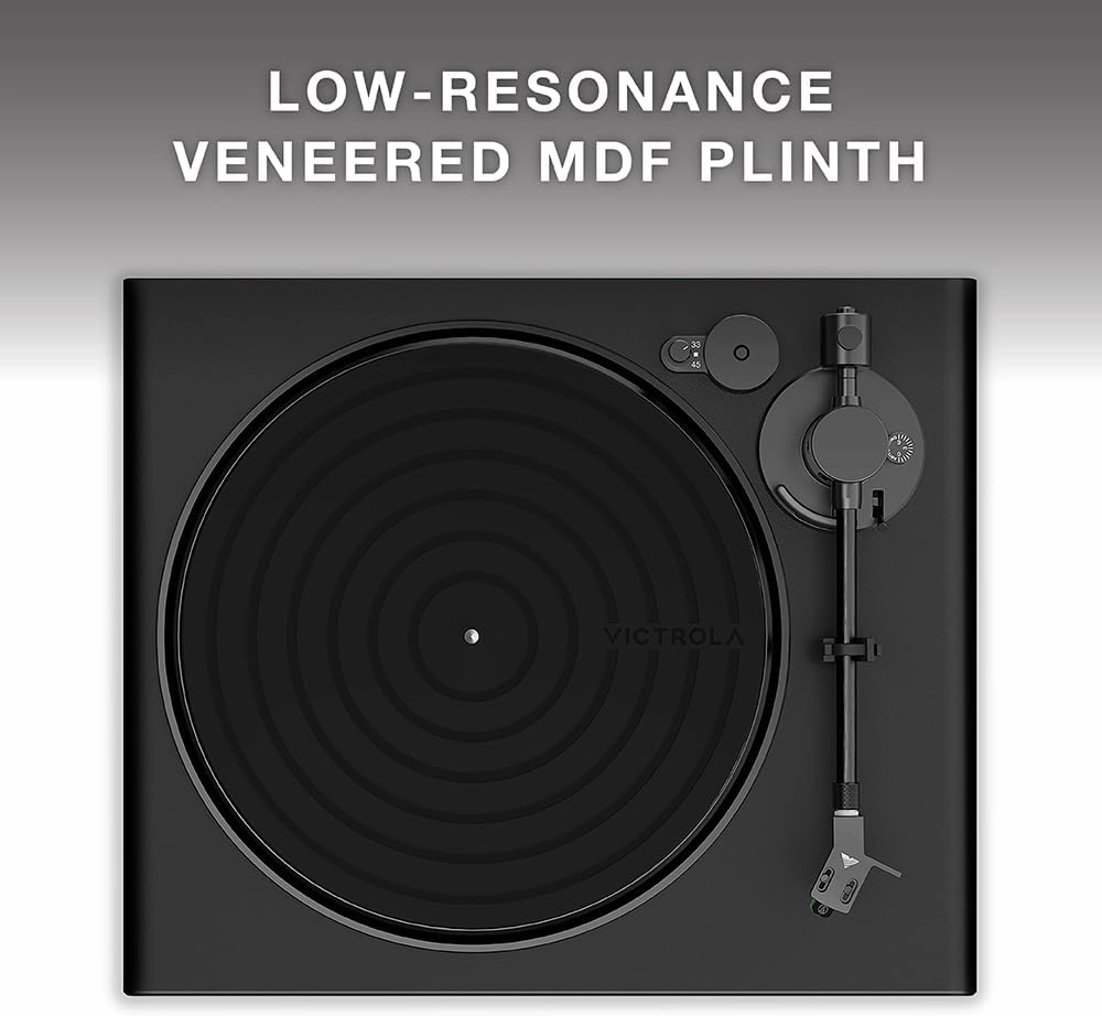 Victrola Hi-Res Black Vinyl Record Player, Audio Technica AT-VM95E Cartridge, aptX Adaptive Bluetooth Connectivity, Gold Plated RCA & Preamp Output, Stylish Sleek Bluetooth Turntable