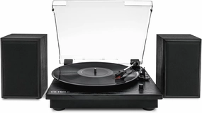 Victrola Montauk Vinyl Record Player, 3-Speed Belt Driven Turntable with Stereo Bluetooth Speaker Pair, RCA Output & 3.5mm Headphone Jack, Removable Dust Cover, Black Wood Finish belt-drive turntable,vinyl record player,audiophile turntable,