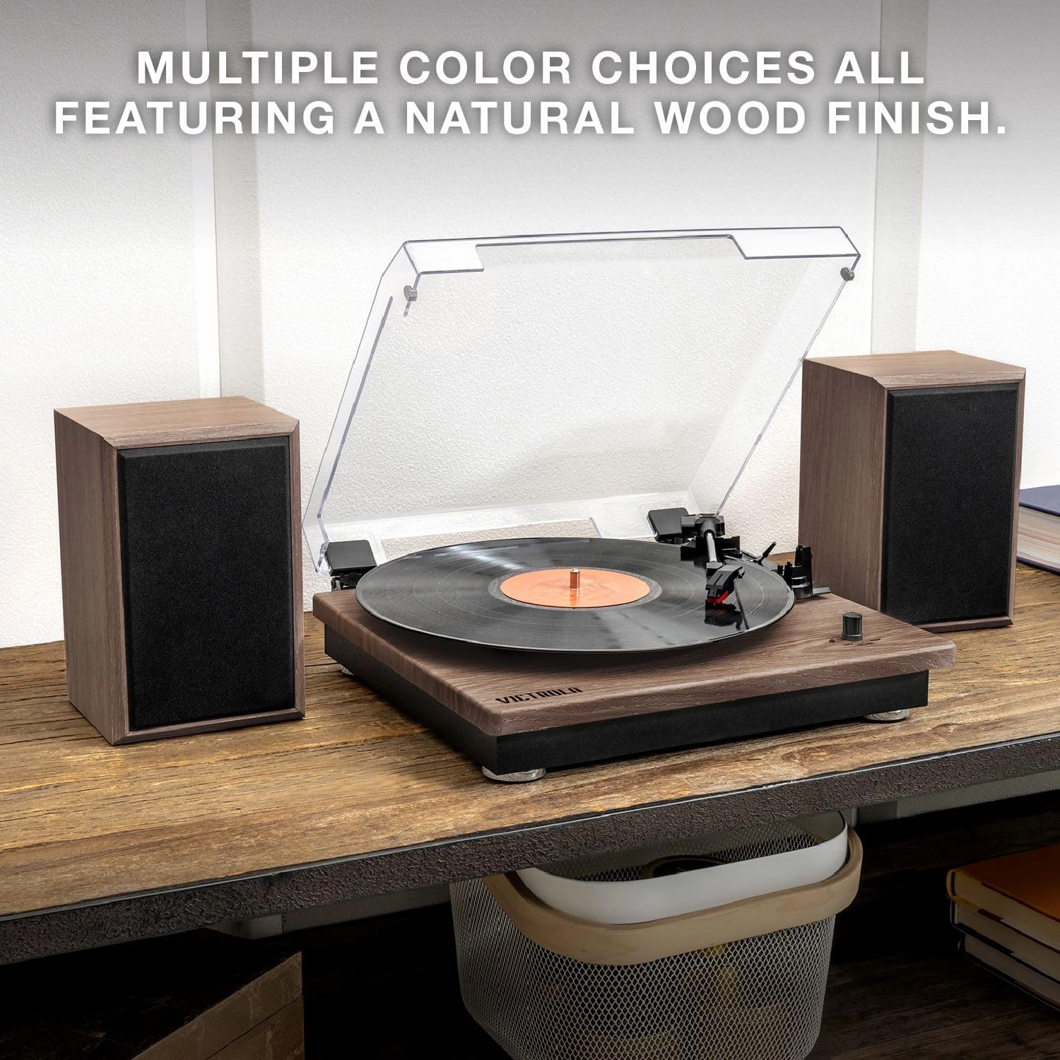 Victrola Montauk Vinyl Record Player, 3-Speed Belt Driven Turntable with Stereo Bluetooth Speaker Pair, RCA Output & 3.5mm Headphone Jack, Removable Dust Cover, Black Wood Finish