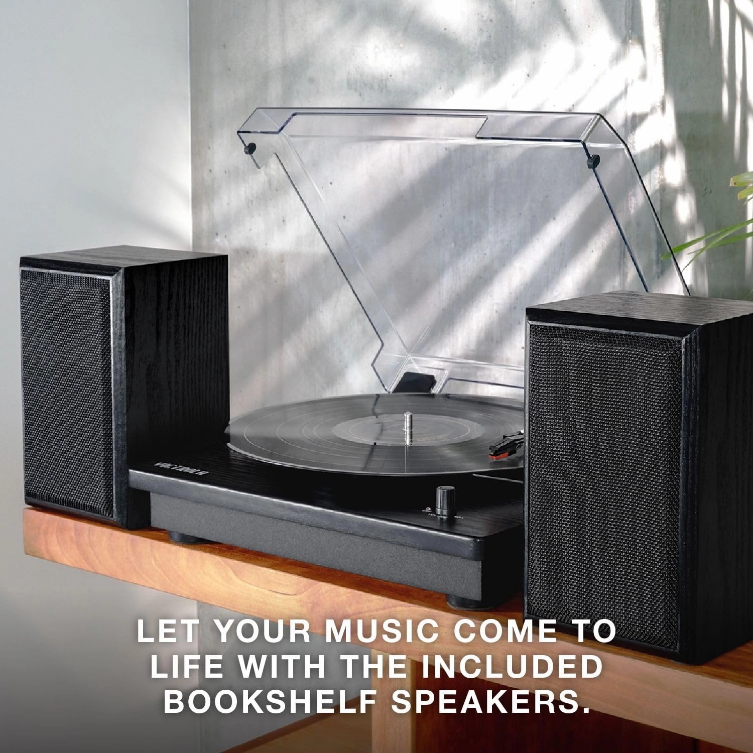 Victrola Montauk Vinyl Record Player, 3-Speed Belt Driven Turntable with Stereo Bluetooth Speaker Pair, RCA Output & 3.5mm Headphone Jack, Removable Dust Cover, Black Wood Finish
