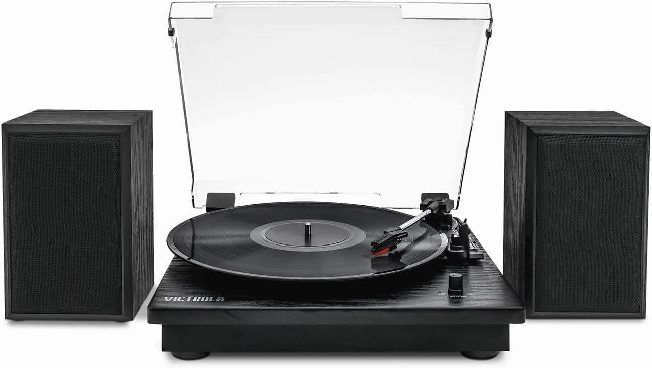 Victrola Montauk Vinyl Record Player, 3-Speed Belt Driven Turntable with Stereo Bluetooth Speaker Pair, RCA Output & 3.5mm Headphone Jack, Removable Dust Cover, Black Wood Finish belt-drive turntable,vinyl record player,audiophile turntable,