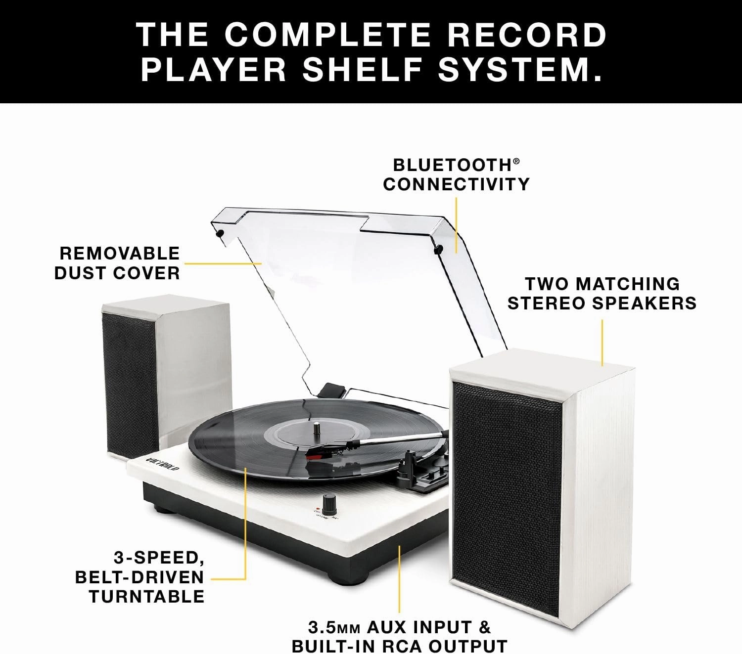 Victrola Montauk Vinyl Record Player, 3-Speed Belt Driven Turntable with Stereo Bluetooth Speaker Pair, RCA Output & 3.5mm Headphone Jack, Removable Dust Cover, Black Wood Finish