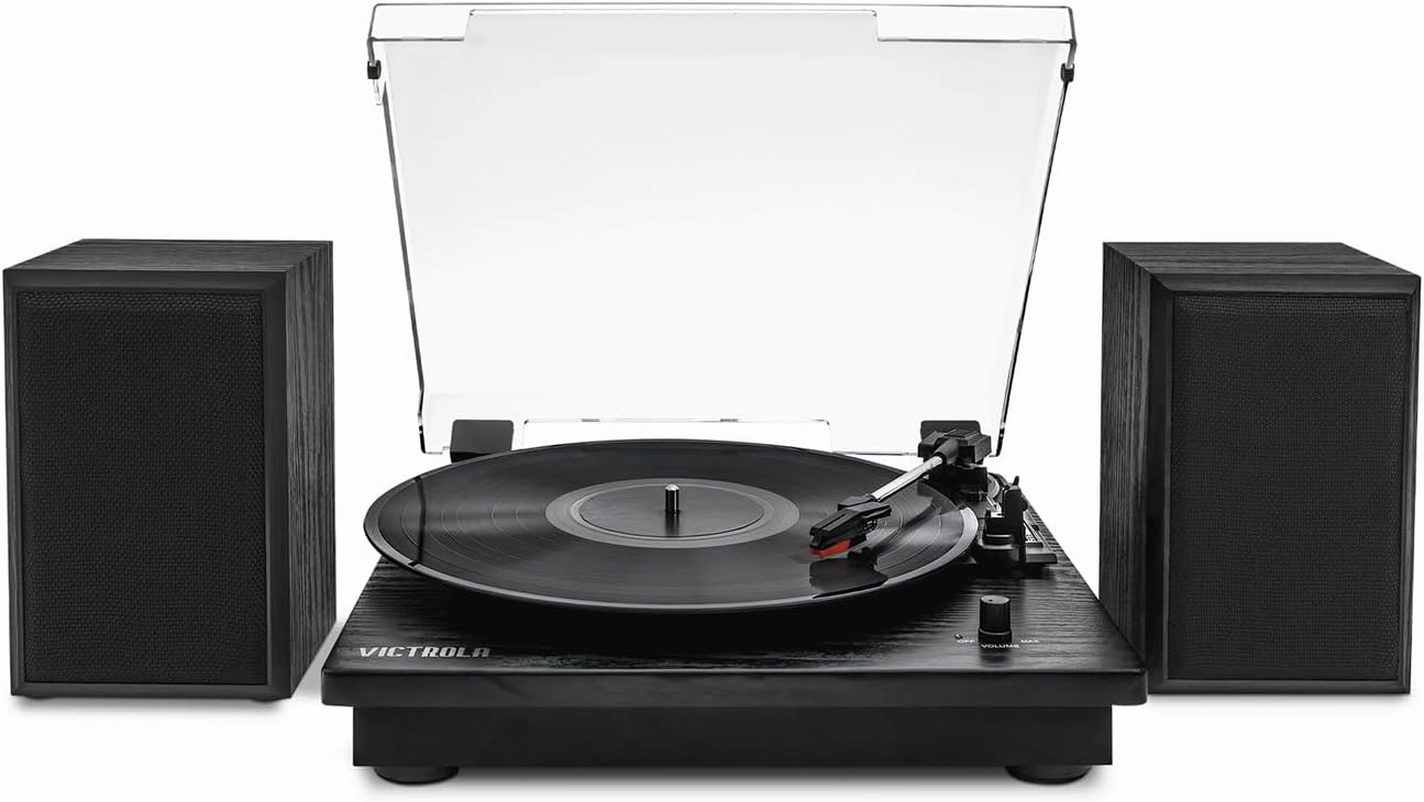 Victrola Montauk Vinyl Record Player, 3-Speed Belt Driven Turntable with Stereo Bluetooth Speaker Pair, RCA Output & 3.5mm Headphone Jack, Removable Dust Cover, Black Wood Finish belt-drive turntable,vinyl record player,audiophile turntable,