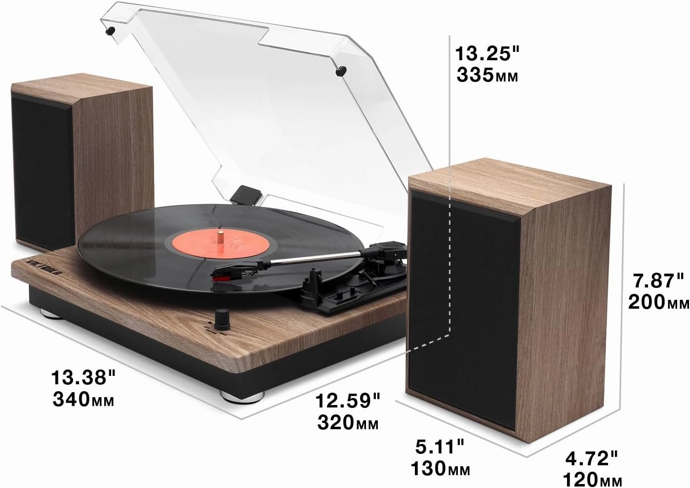 Victrola Montauk Vinyl Record Player, 3-Speed Belt Driven Turntable with Stereo Bluetooth Speaker Pair, RCA Output & 3.5mm Headphone Jack, Removable Dust Cover, Black Wood Finish