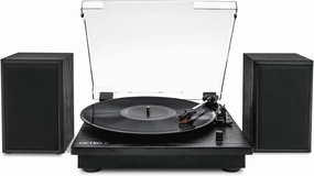 Victrola Montauk Vinyl Record Player, 3-Speed Belt Driven Turntable with Stereo Bluetooth Speaker Pair, RCA Output & 3.5mm Headphone Jack, Removable Dust Cover, Black Wood Finish belt-drive turntable,vinyl record player,audiophile turntable,