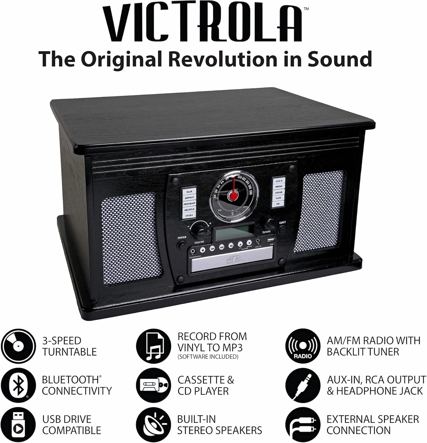 Victrola Navigator 8-in-1 Bluetooth Record Player with Built-in Speakers  3 Speed, CD Player, Cassette, FM Radio, USB, RCA Out, Headphone Jack, Wireless Music Streaming, Real Wood, White