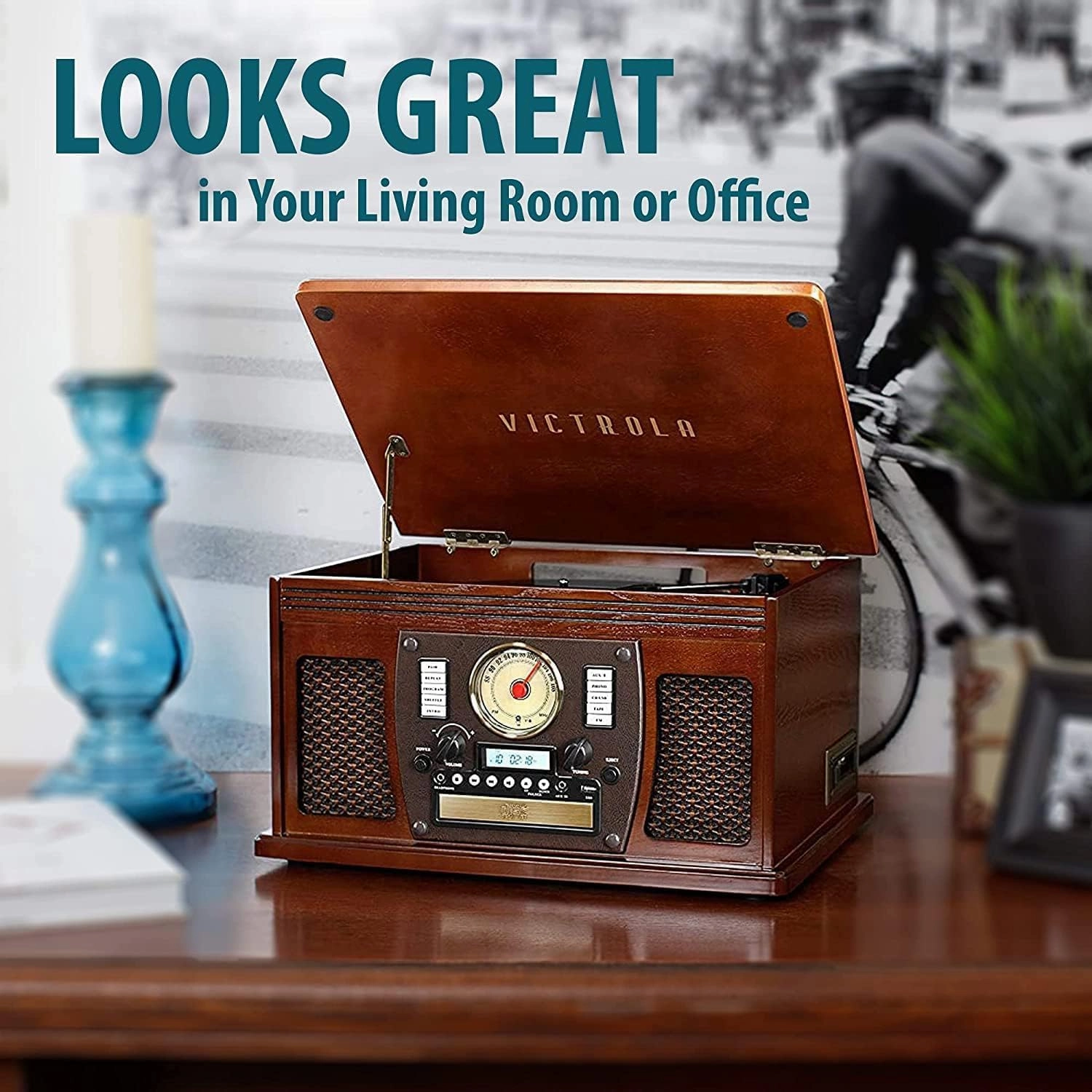 Victrola Navigator 8-in-1 Bluetooth Record Player with Built-in Speakers  3 Speed, CD Player, Cassette, FM Radio, USB, RCA Out, Headphone Jack, Wireless Music Streaming, Real Wood, White
