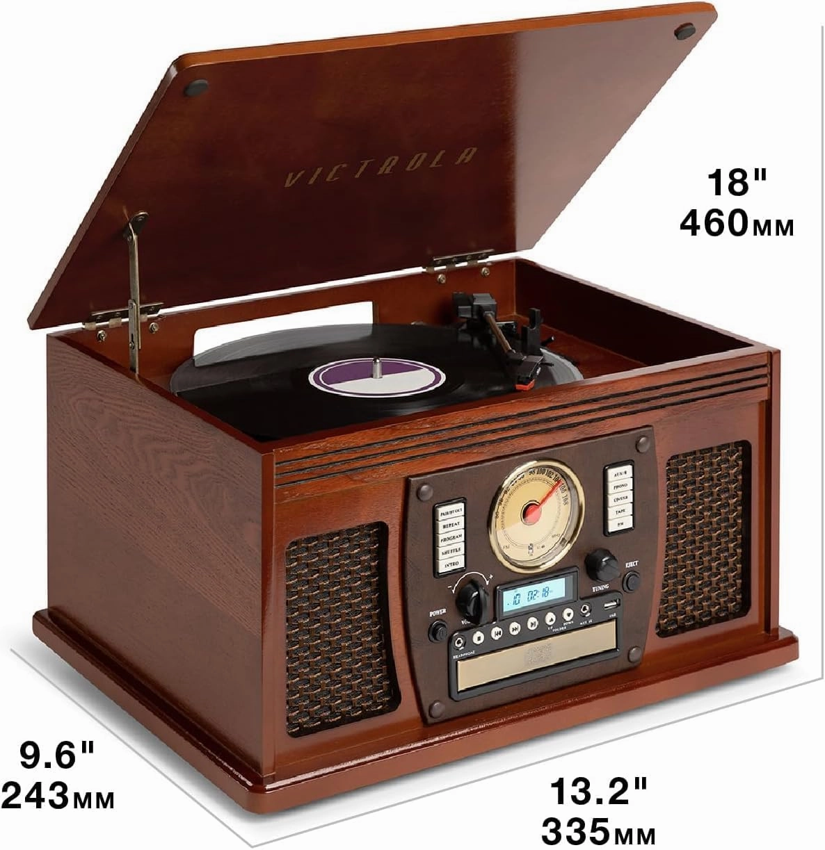 Victrola Navigator 8-in-1 Bluetooth Record Player with Built-in Speakers  3 Speed, CD Player, Cassette, FM Radio, USB, RCA Out, Headphone Jack, Wireless Music Streaming, Real Wood, White