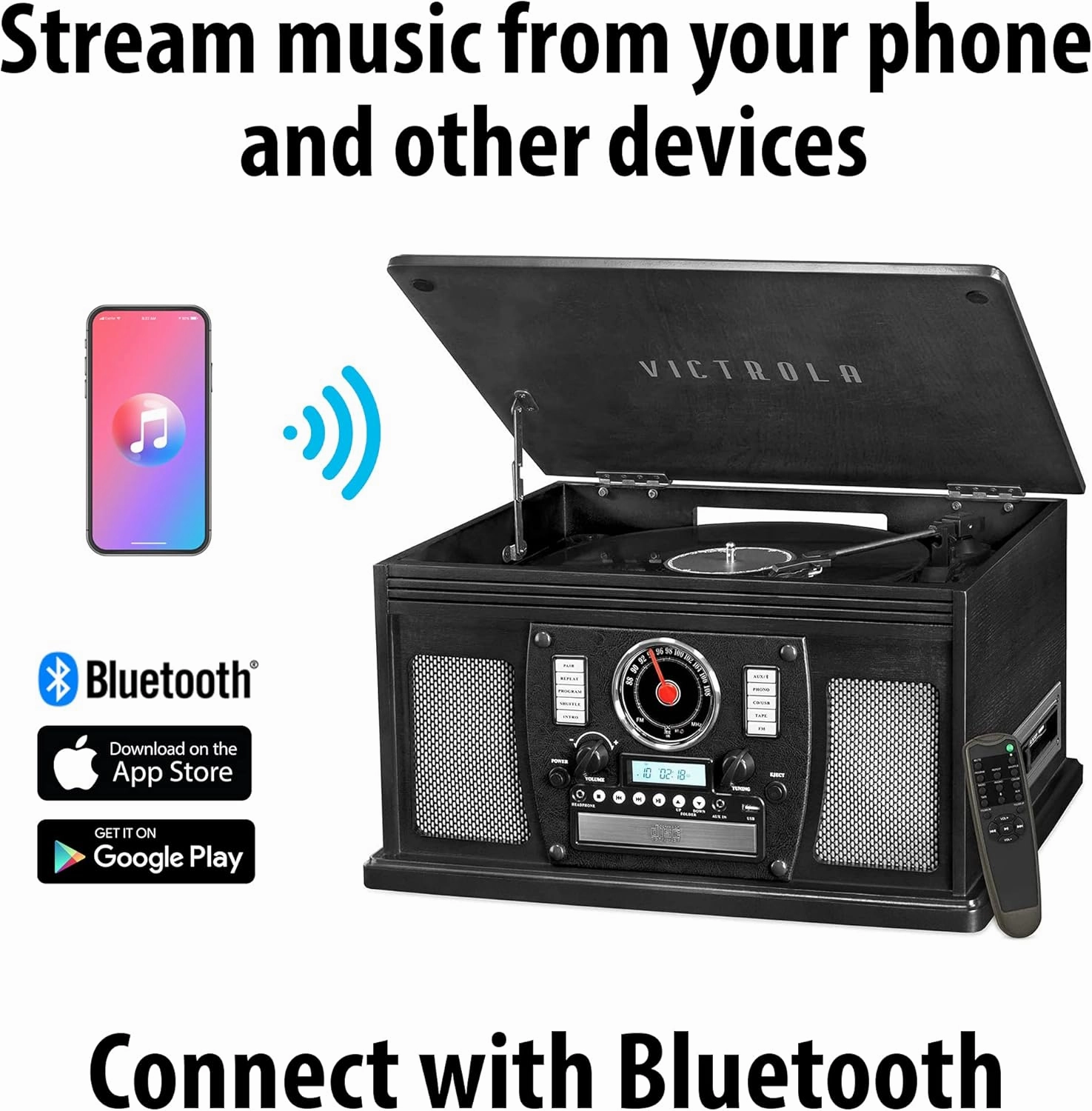 Victrola Navigator 8-in-1 Bluetooth Record Player with Built-in Speakers  3 Speed, CD Player, Cassette, FM Radio, USB, RCA Out, Headphone Jack, Wireless Music Streaming, Real Wood, White