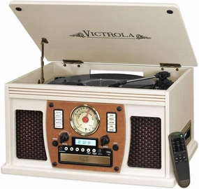 Victrola Navigator 8-in-1 Bluetooth Record Player with Built-in Speakers  3 Speed, CD Player, Cassette, FM Radio, USB, RCA Out, Headphone Jack, Wireless Music Streaming, Real Wood, White belt-drive turntable,vinyl record player,audiophile turntable,