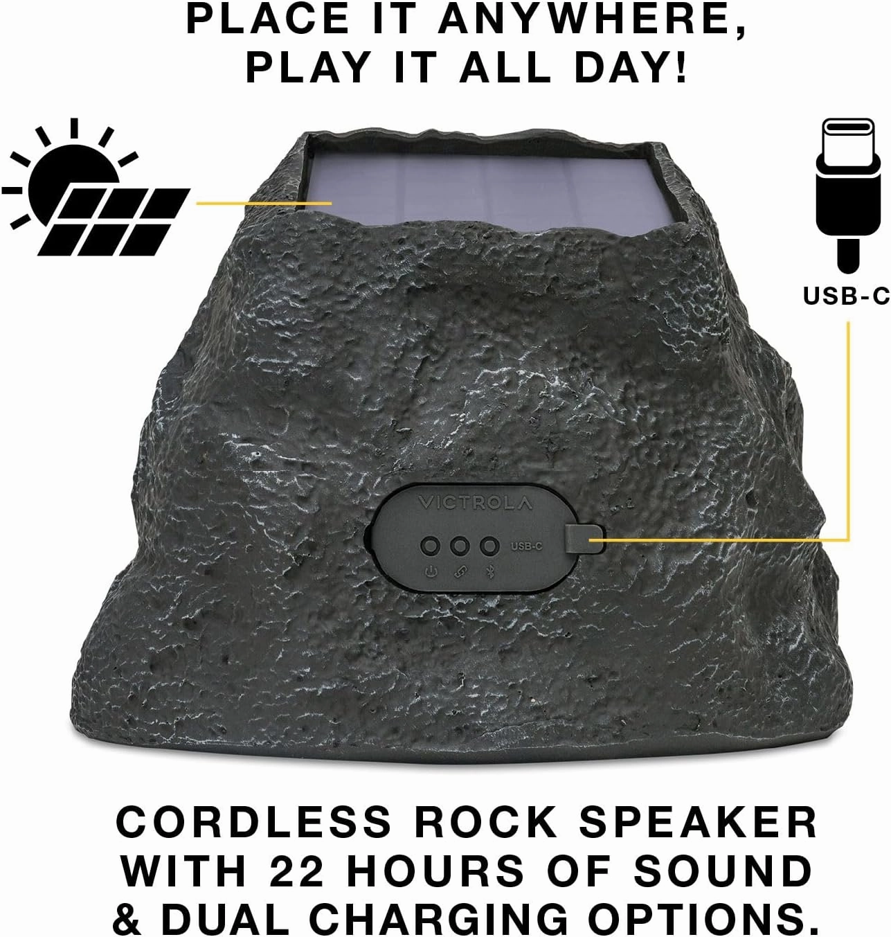 Victrola Rock Speaker Connect, Granite, Wireless Outdoor with Bluetooth 5.3, 22-Hour Battery Life, with Solar Charging, Link Up to 20 Rock Speakers, IP65 Water & Dust Resistant