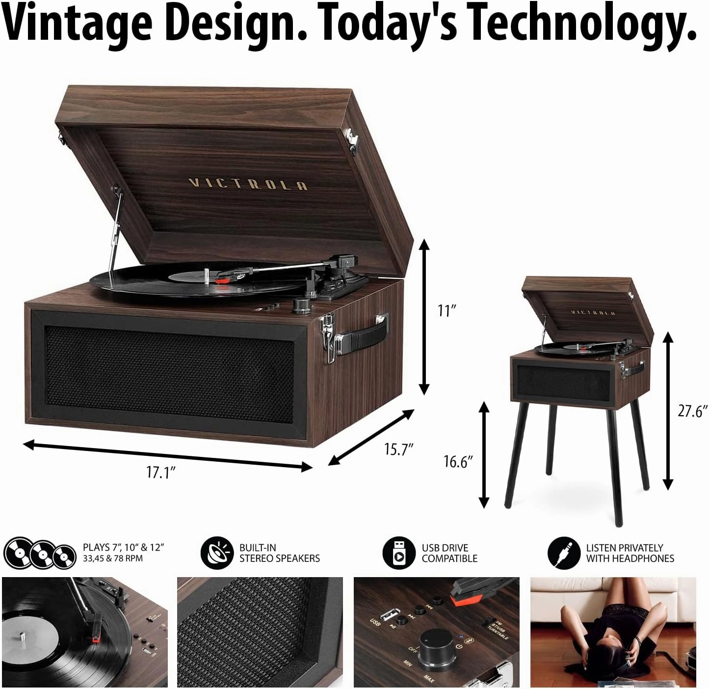 Victrola VTA-75-ESP Liberty 5-in-1 Turntable Music EntertainmentCenter with Bluetooth Wireless FM Radio USB Recorder Wood (Espresso)