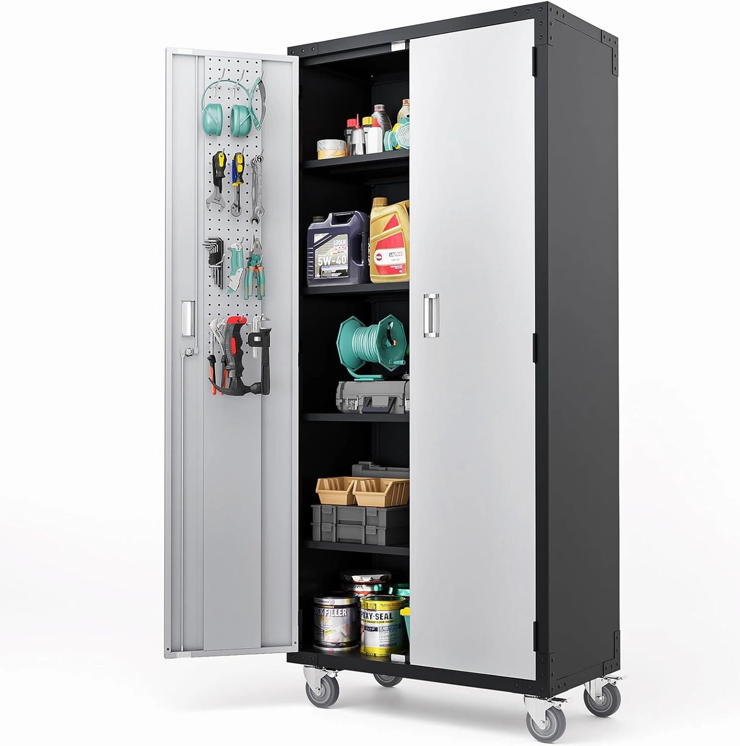 VINGLI 72'' Tall Garage Storage Cabinet, Metal Storage Cabinet with Wheels, Locking Doors and Adjustable Shelves (Black & Silver, 32''W x 16''D x 72''H) equipment cabinet,AV gear cabinet,component enclosure,