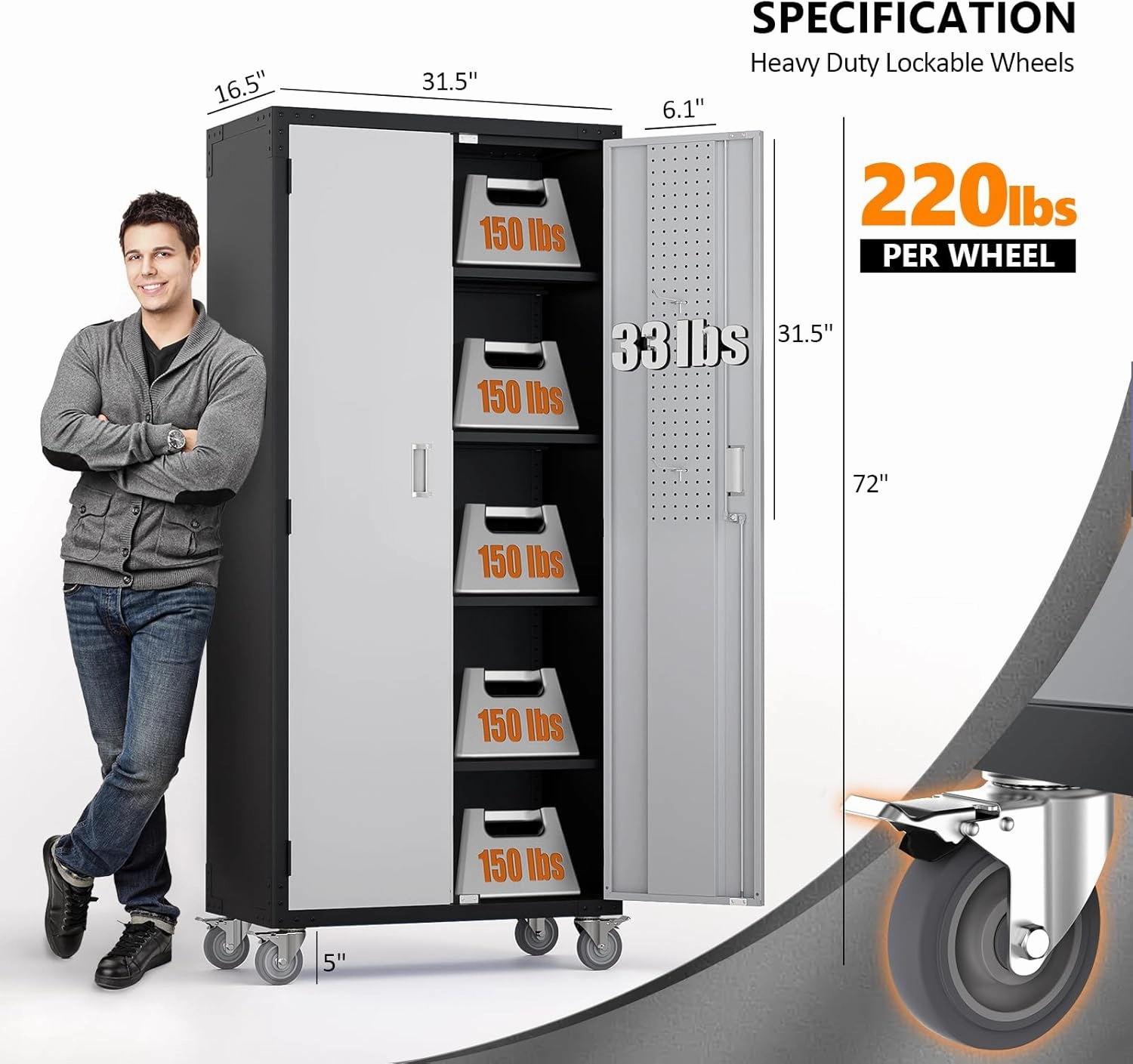 VINGLI 72'' Tall Garage Storage Cabinet, Metal Storage Cabinet with Wheels, Locking Doors and Adjustable Shelves (Black & Silver, 32''W x 16''D x 72''H)