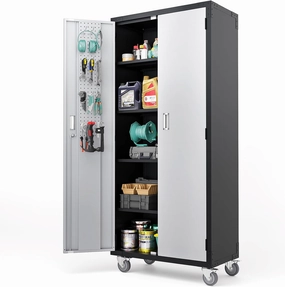 VINGLI 72'' Tall Garage Storage Cabinet, Metal Storage Cabinet with Wheels, Locking Doors and Adjustable Shelves (Black & Silver, 32''W x 16''D x 72''H) equipment cabinet,AV gear cabinet,component enclosure,