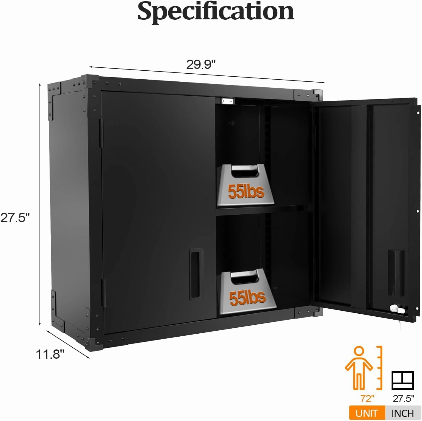 VINGLI Garage Wall Cabinet with Locking Doors and Adjustable Shelf, Metal Wall Cabinet, Floating Upper Storage Cabinet (Black, 30''W x 12''D x 28''H)
