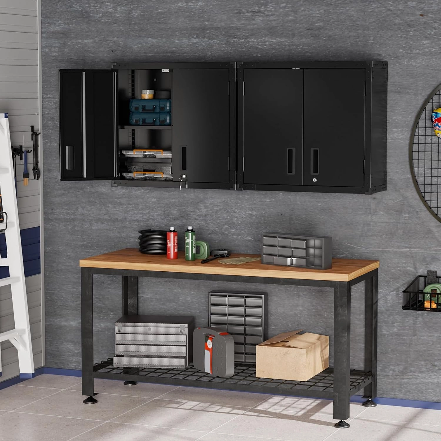 VINGLI Garage Wall Cabinet with Locking Doors and Adjustable Shelf, Metal Wall Cabinet, Floating Upper Storage Cabinet (Black, 30''W x 12''D x 28''H)