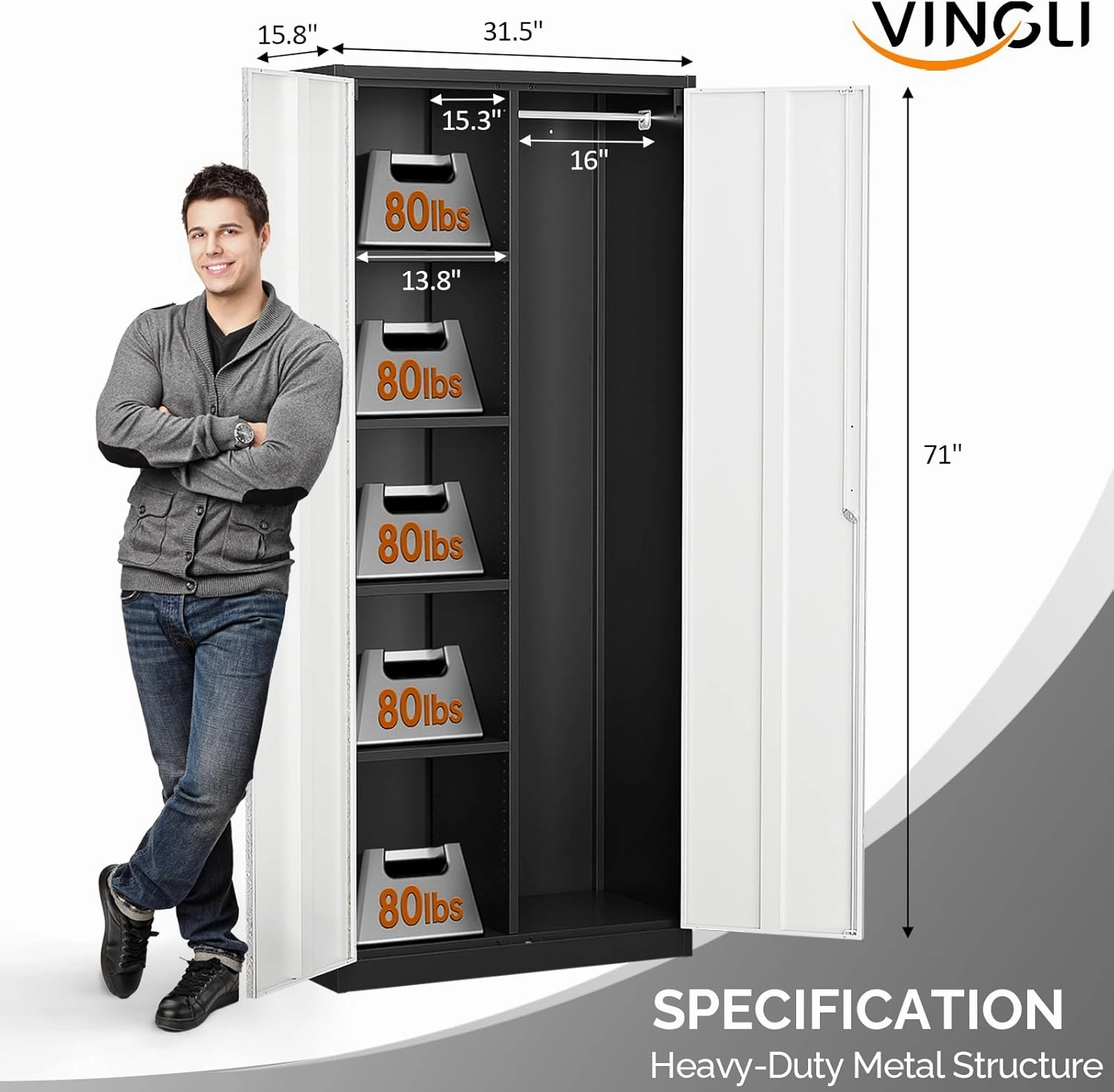 VINGLI Metal Storage Cabinet with Hanging Rod, 4 Adjustable Shelves, Lock Doors with Modern Gray Pattern Design, Armoire Wardrobe Closet Tool Functional Cabinet for Home, Office, Garage (Gray & Black)