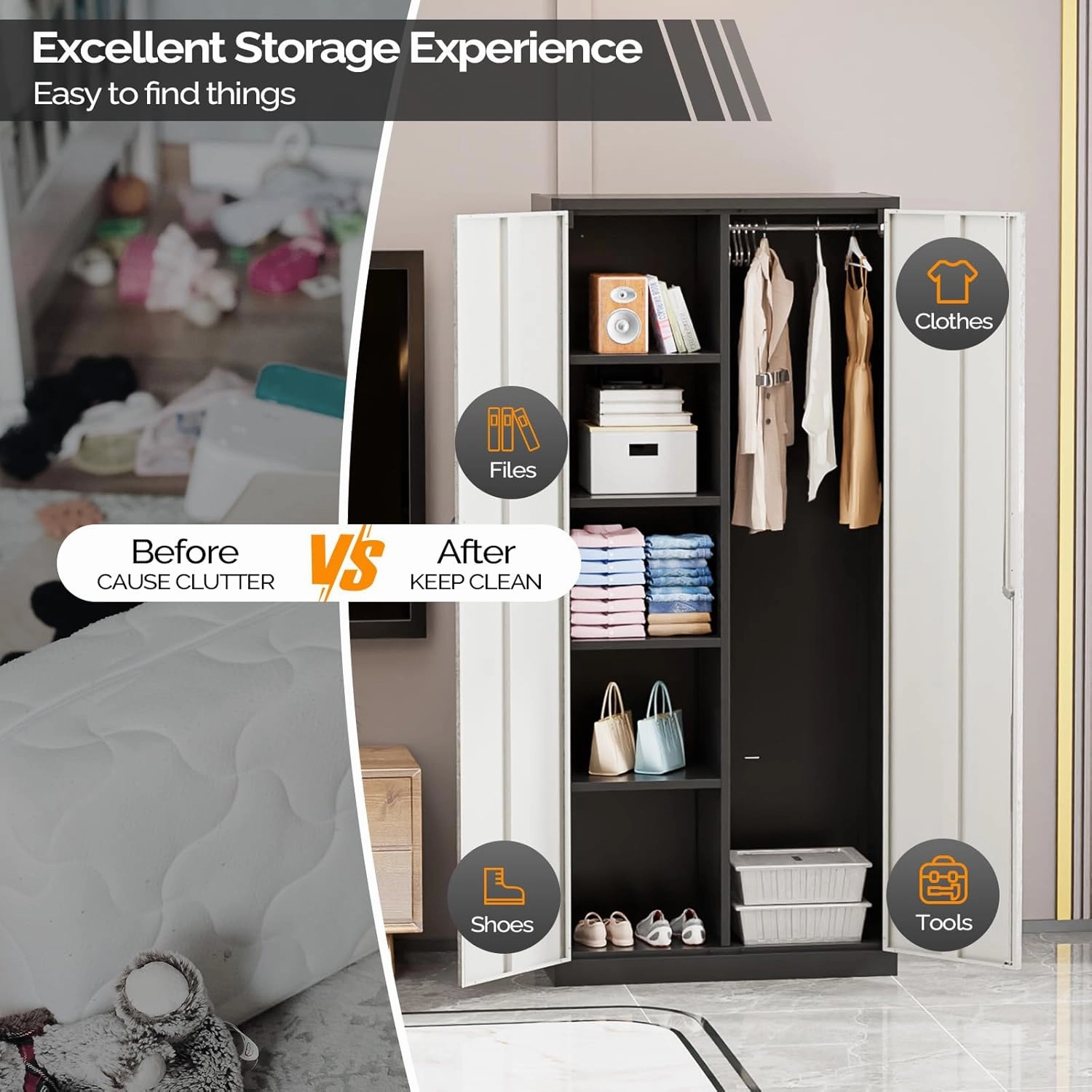 VINGLI Metal Storage Cabinet with Hanging Rod, 4 Adjustable Shelves, Lock Doors with Modern Gray Pattern Design, Armoire Wardrobe Closet Tool Functional Cabinet for Home, Office, Garage (Gray & Black)