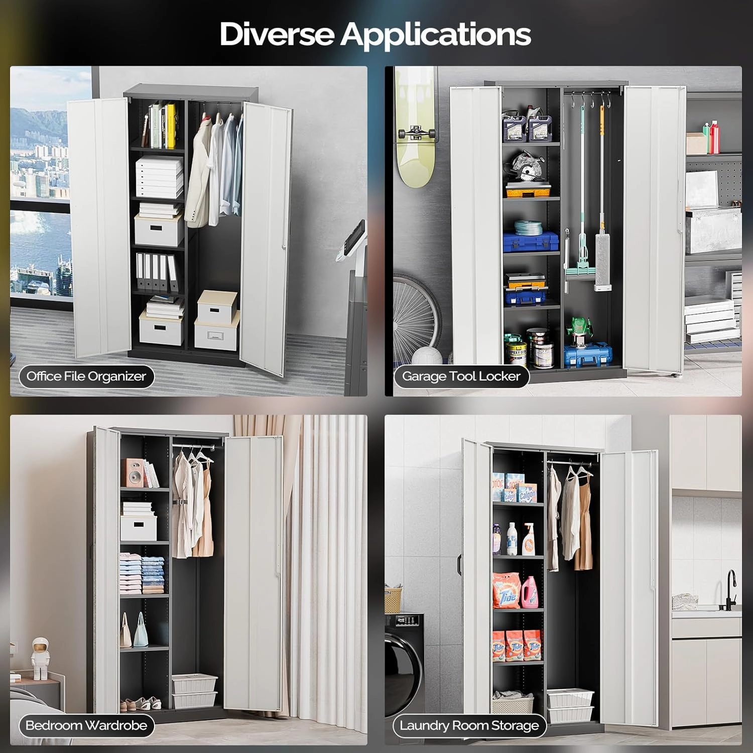 VINGLI Metal Storage Cabinet with Hanging Rod, 4 Adjustable Shelves, Lock Doors with Modern Gray Pattern Design, Armoire Wardrobe Closet Tool Functional Cabinet for Home, Office, Garage (Gray & Black)