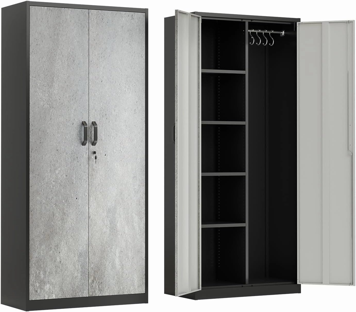VINGLI Metal Storage Cabinet with Hanging Rod, 4 Adjustable Shelves, Lock Doors with Modern Gray Pattern Design, Armoire Wardrobe Closet Tool Functional Cabinet for Home, Office, Garage (Gray & Black)