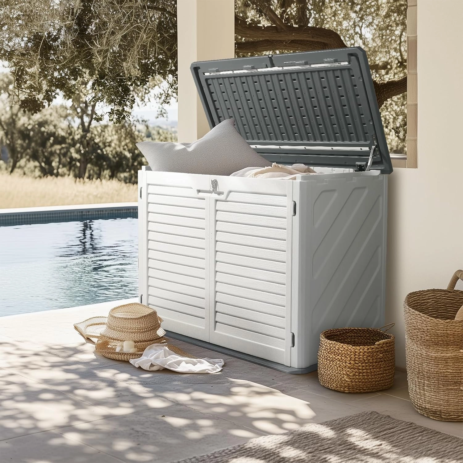 VINGLI Outdoor Storage Shed, Resin Storage Cabinet with Lockable Design, Weatherproof Tool Shed with HDPE Material, Resin Deck Box for Garden Tools, Pool Equipment, Garbage Cans, White (31.5 Cu.ft)