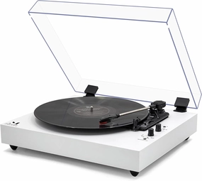 Vintage 3-Speed Turntable Wireless Input Record Player with Built-in Stereo Speakers,Auto Stop,RCA Output,WhiteLeather belt-drive turntable,vinyl record player,audiophile turntable,