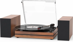 Vintage Record Player with External Speakers Belt-Drive Turntable for Vinyl Records Dual Stereo Speakers LP Players Support 3 Speed 3 Size Wireless Playback AUX Headphone Input Auto Stop Wood Red belt-drive turntable,vinyl record player,audiophile turntabl