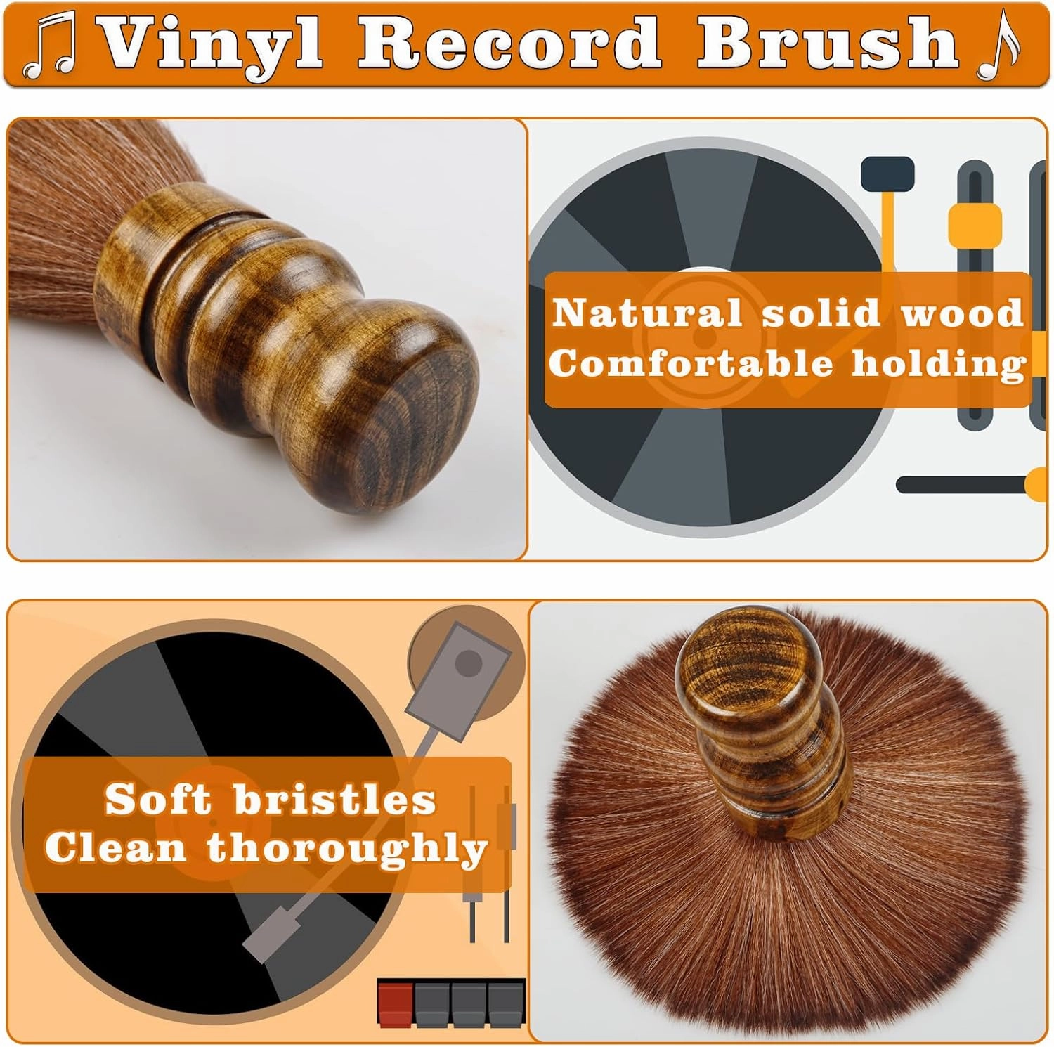 Vinyl Record Cleaner Brush, Anti Static Dust Remover with Fine Fiber Bristles, Wood Record Brush Accessories for Vinyl Albums LP CD Cartridge (Dark Brown)