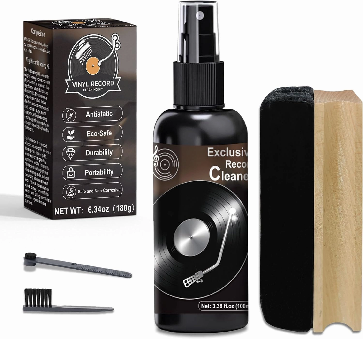 Vinyl Record Cleaner Kit - Complete 4-in-1 Vinyl Records Cleaning Kit-100ml Cleaning Liquid, Soft Velvet Record Brush, Straight Handle & Round Head Stylus Brush record cleaning kit,vinyl cleaner,stylus brush set,
