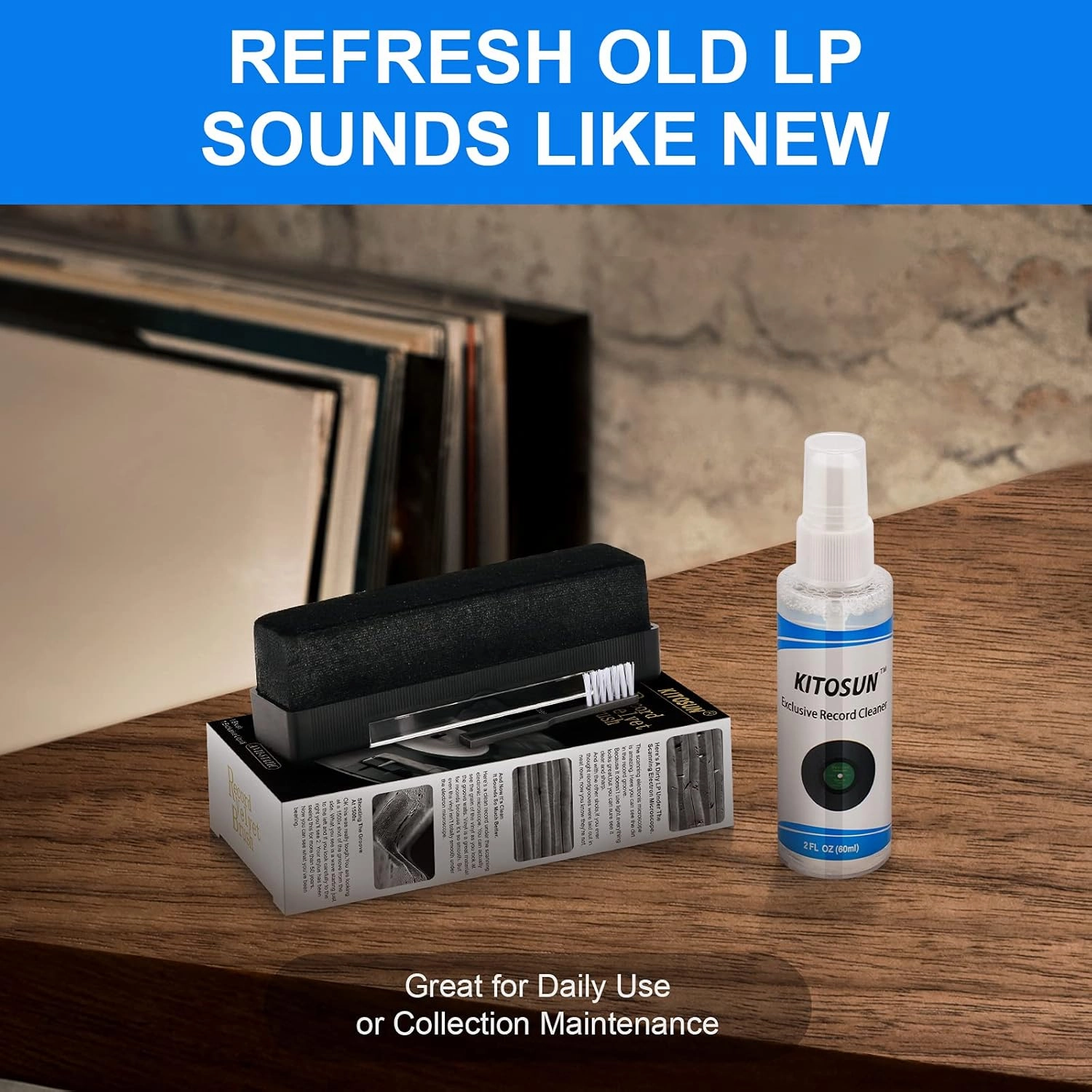 Vinyl Record Cleaner Kit Anti-Static Velvet Brush with Small Stylus Cleaner Brush 60ml Cleaner Spray Liquid for LP Vinyl Records Daily Maintenance Keep Great Sounding Extent Life