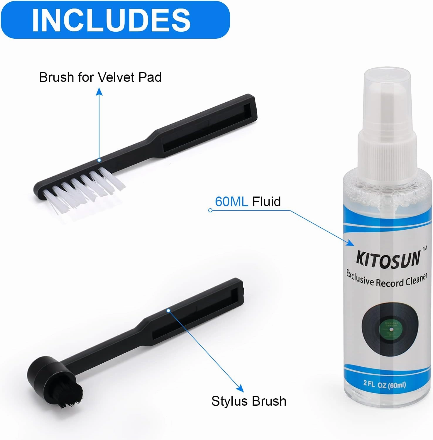 Vinyl Record Cleaner Kit Anti-Static Velvet Brush with Small Stylus Cleaner Brush 60ml Cleaner Spray Liquid for LP Vinyl Records Daily Maintenance Keep Great Sounding Extent Life