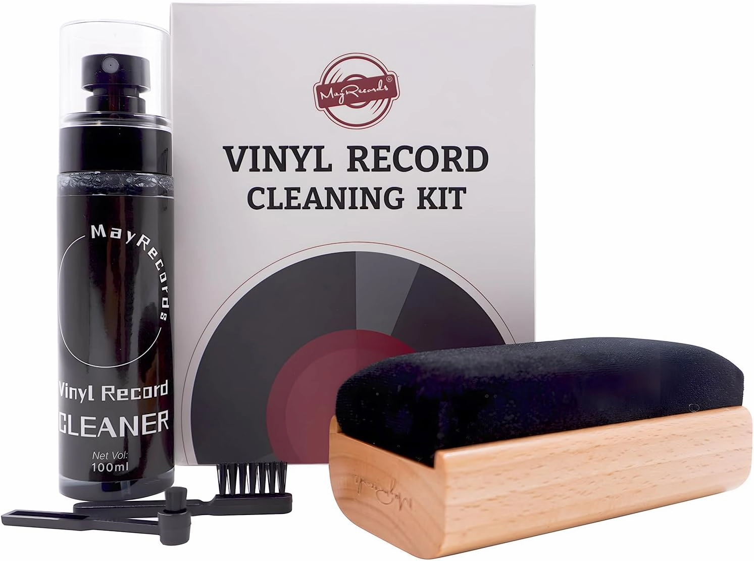 Vinyl Record Cleaning Kit, 4-in-1 Wooden Velvet Brush, 100ml Cleaning Fluid, Black Microfiber Brush and Round Player Needle Cleaning Brush for LP Record Player Cartridg Needle record cleaning kit,vinyl cleaner,stylus brush set,