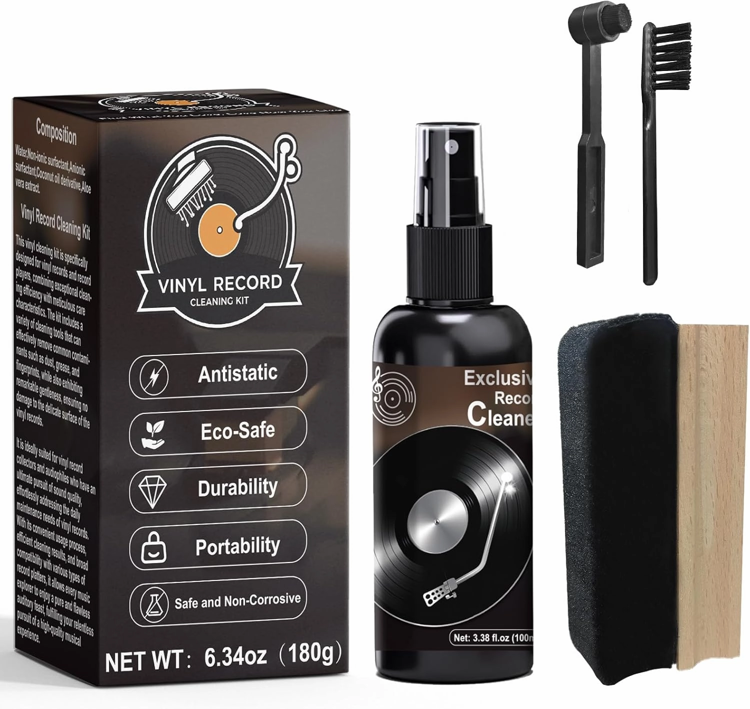 Vinyl Record Cleaning Kit, 4 Pcs Vinyl Record Cleaning Kit, Record Player Accessories Includes Soft Velvet Record Brush, Cleaning Solution, Stylus Brush, Brush for Velvet record cleaning kit,vinyl cleaner,stylus brush set,
