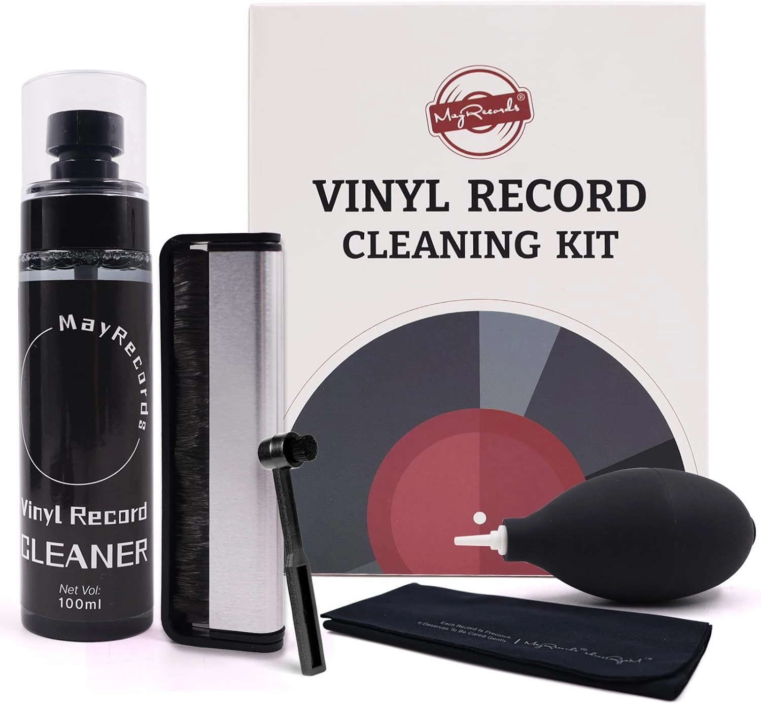 Vinyl Record Cleaning Kit, 5-in-1 Carbon Fiber Brush, 100ml Cleaning Fluid, Cleaning Cloth, Air Blower, and Round Player Needle Cleaning Brush for LP Record Player Cartridg Needle record cleaning kit,vinyl cleaner,stylus brush set,