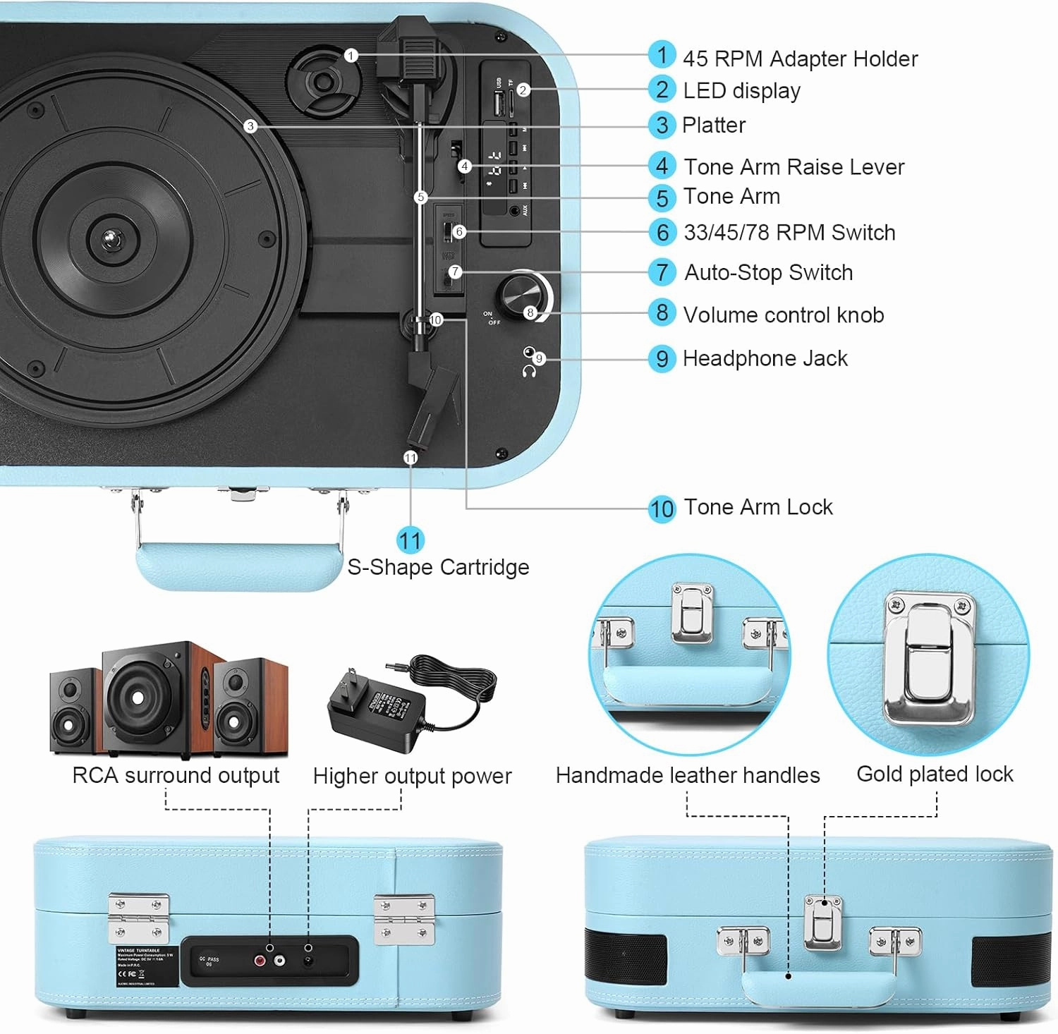 Vinyl Record Player 3 Speed Bluetooth Turntable Belt Drive LP Play Portable Suitcase Record Player Built-in Speaker with EQ Mode USB Recording RCA Output/AUX Input Headphone Jack Blue
