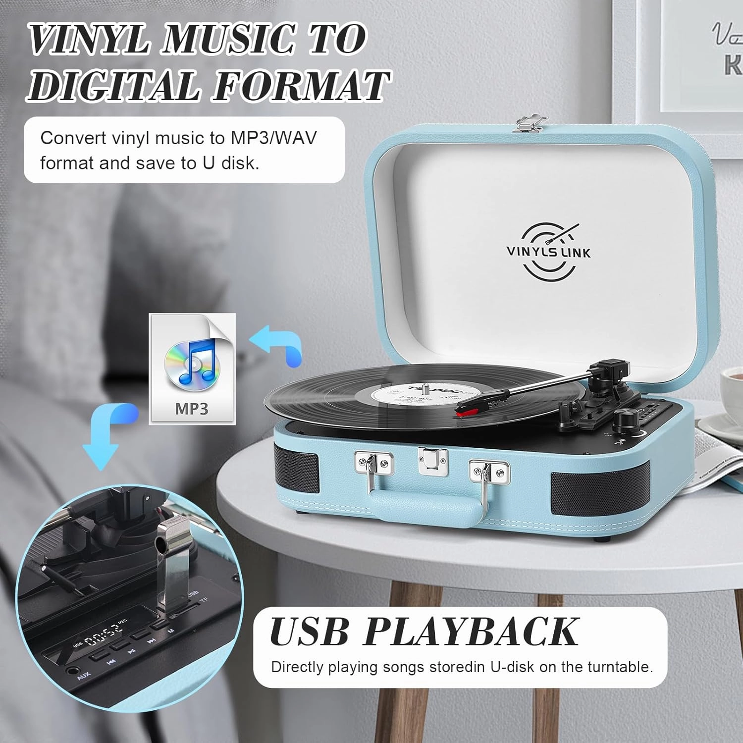 Vinyl Record Player 3 Speed Bluetooth Turntable Belt Drive LP Play Portable Suitcase Record Player Built-in Speaker with EQ Mode USB Recording RCA Output/AUX Input Headphone Jack Blue