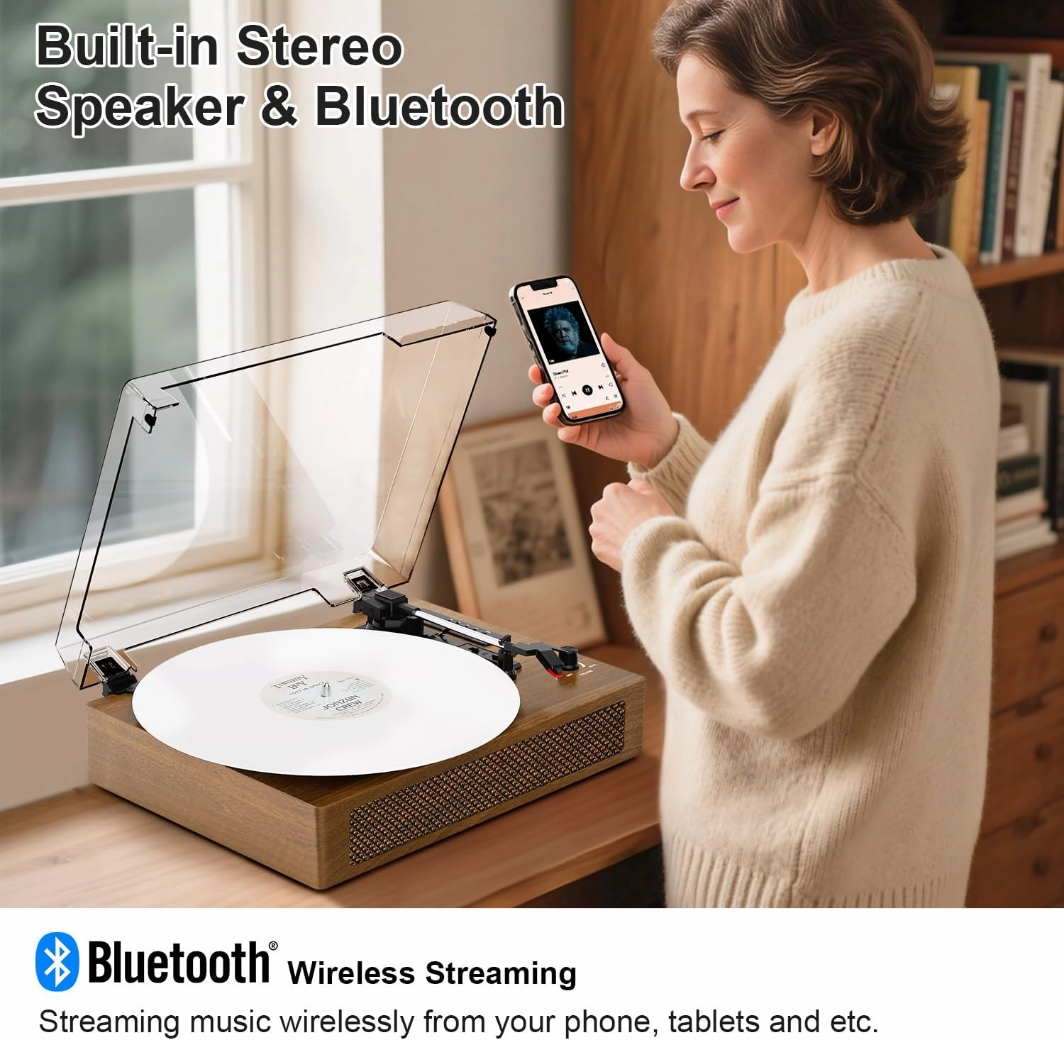 Vinyl Record Player 3-Speed Extended-Sized Turntable with Built-in Speakers & Bluetooth, USB/SD Recording, EQ Mode & LED Display, Belt-Drive Walnut Wood LP Player